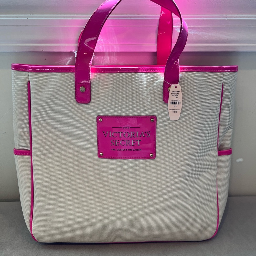 Victoria's Secret Cream and Hot Pink Patent Like Trim Tote